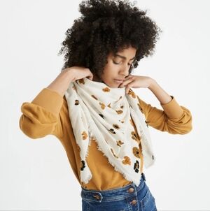 Madewell Feline Floral Embroidered Jacquard Fringe Cream Brown Scarf